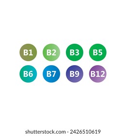 Set of 8 colorful vitamin icons -group B vitamins - B1, B2, B3, B5, B6, B7, B9, B12 - simple icon illustration, graphic element for products, supplements, web design and more.