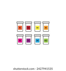 Set of 8 colorful vitamin icons - A, B, C, D, E, K - simple bottle icon illustration, graphic element for products, supplements, web design and more.