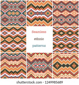 Set of 8 colourful ethnic patterns, seamless background, vector illustration