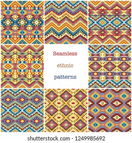 Set of 8 colourful ethnic patterns, seamless background, vector illustration