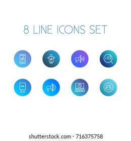 Set Of 8 Commercial Outline Icons Set.Collection Of Stand, Mobile Marketing, Target Elements.
