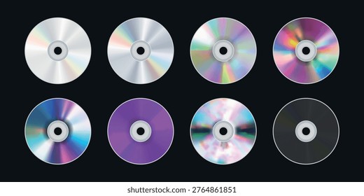 Set of 8 Compact Discs with Iridescent Reflections on Black Background. Vector Compact Discs Set. CD and DVD Collection