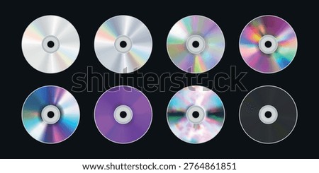 Set of 8 Compact Discs with Iridescent Reflections on Black Background. Vector Compact Discs Set. CD and DVD Collection