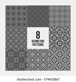 Set of 8 complex monochrome geometric patterns. Seamless backgrounds, useful for textile design.