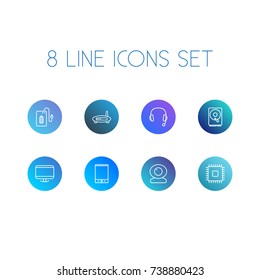 Set Of 8 Computer Outline Icons Set.Collection Of Tablet, Powerbank, Monitor And Other Elements.