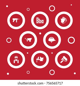 Set Of 8 Construction Icons Set.Collection Of Gauntlet, Pushcart, Worker And Other Elements.