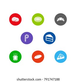 Set Of 8 Cooking Icons Set.Collection Of Pepperoni, Shortcake, Striped Lollipop And Other Elements.