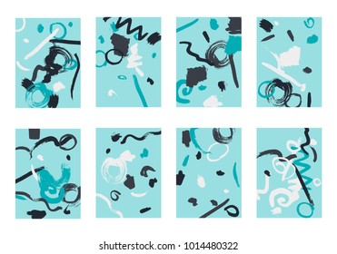 Set of 8 Cover Templates. Bright Abstract Backgrounds for Greeting Cards, Invitations, Posters, Banners. Creative Universal Cards. Hand Drawn Textures with Colorful Brush Strokes.
