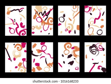 Set of 8 Cover Templates with Bright Brush Strokes on White Background. Colorful Base For Poster, Banner, Greeting Card or Invitation. Abstract Editable Design in Retro Style of 1990s