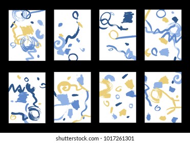 Set of 8 Cover Templates with Bright Brush Strokes on White Background. Colorful Base For Poster, Banner, Greeting Card or Invitation. Abstract Editable Design in Retro Style of 1990s