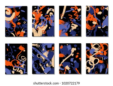 Set of 8 Cover Templates with Bright Brush Strokes on Black Background. Abstract Editable Design in Retro Style of 1990s. Colorful Base For Poster, Banner, Greeting Card or Invitation.
