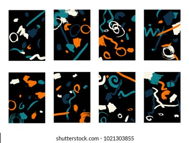 Set of 8 Cover Templates with Bright Brush Strokes on Black Background. Colorful Base For Poster, Banner, Greeting Card or Invitation. Abstract Editable Design in Retro Style of 1990s