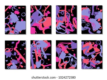 Set of 8 Cover Templates with Bright Brush Strokes on Black Background. Abstract Editable Design in Retro Style of 1990s. Colorful Base For Poster, Banner, Greeting Card or Invitation.