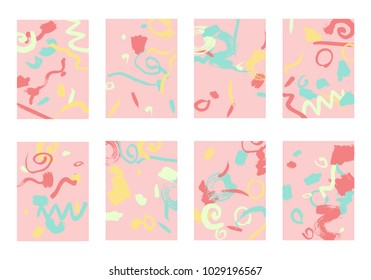 Set of 8 Cover Templates. Bright Abstract Backgrounds for Greeting Cards, Invitations, Posters, Banners. Creative Universal Cards. Hand Drawn Textures with Colorful Brush Strokes.