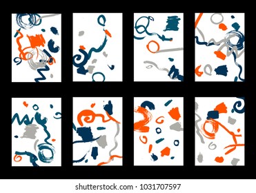 Set of 8 Cover Templates with Bright Brush Strokes on White Background. Colorful Base For Poster, Banner, Greeting Card or Invitation. Abstract Editable Design in Retro Style of 1990s