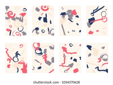Set of 8 Cover Templates. Bright Abstract Backgrounds for Greeting Cards, Invitations, Posters, Banners. Creative Universal Cards. Hand Drawn Textures with Colorful Brush Strokes.