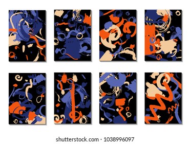 Set of 8 Cover Templates with Bright Brush Strokes on Black Background. Abstract Editable Design in Retro Style of 1990s. Colorful Base For Poster, Banner, Greeting Card or Invitation.