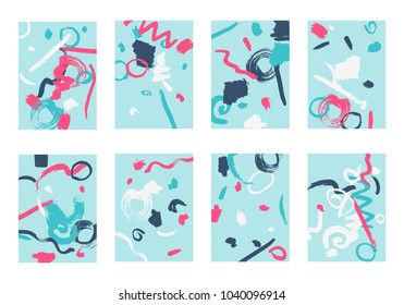 Set of 8 Cover Templates. Bright Abstract Backgrounds for Greeting Cards, Invitations, Posters, Banners. Creative Universal Cards. Hand Drawn Textures with Colorful Brush Strokes.
