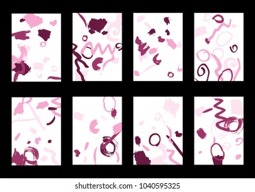 Set of 8 Cover Templates with Bright Brush Strokes on White Background. Colorful Base For Poster, Banner, Greeting Card or Invitation. Abstract Editable Design in Retro Style of 1990s