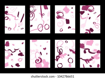 Set of 8 Cover Templates with Bright Brush Strokes on White Background. Colorful Base For Poster, Banner, Greeting Card or Invitation. Abstract Editable Design in Retro Style of 1990s