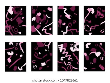 Set of 8 Cover Templates with Bright Brush Strokes on Black Background. Colorful Base For Poster, Banner, Greeting Card or Invitation. Abstract Editable Design in Retro Style of 1990s