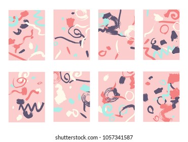 Set of 8 Cover Templates. Bright Abstract Backgrounds for Greeting Cards, Invitations, Posters, Banners. Creative Universal Cards. Hand Drawn Textures with Colorful Brush Strokes.