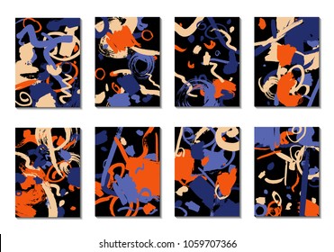 Set of 8 Cover Templates with Bright Brush Strokes on Black Background. Abstract Editable Design in Retro Style of 1990s. Colorful Base For Poster, Banner, Greeting Card or Invitation.