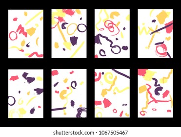 Set of 8 Cover Templates with Bright Brush Strokes on White Background. Colorful Base For Poster, Banner, Greeting Card or Invitation. Abstract Editable Design in Retro Style of 1990s