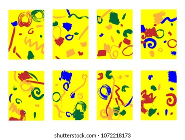 Set of 8 Cover Templates. Bright Abstract Backgrounds for Greeting Cards, Invitations, Posters, Banners. Creative Universal Cards. Hand Drawn Textures with Colorful Brush Strokes.