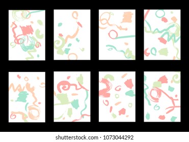 Set of 8 Cover Templates with Bright Brush Strokes on White Background. Colorful Base For Poster, Banner, Greeting Card or Invitation. Abstract Editable Design in Retro Style of 1990s