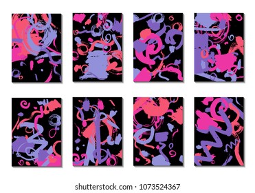 Set of 8 Cover Templates with Bright Brush Strokes on Black Background. Abstract Editable Design in Retro Style of 1990s. Colorful Base For Poster, Banner, Greeting Card or Invitation.