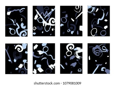 Set of 8 Cover Templates with Bright Brush Strokes on Black Background. Colorful Base For Poster, Banner, Greeting Card or Invitation. Abstract Editable Design in Retro Style of 1990s