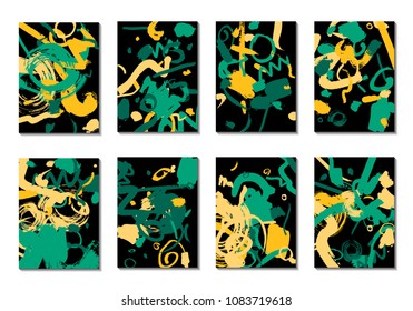 Set of 8 Cover Templates with Bright Brush Strokes on Black Background. Abstract Editable Design in Retro Style of 1990s. Colorful Base For Poster, Banner, Greeting Card or Invitation.