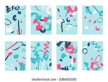 Set of 8 Cover Templates. Bright Abstract Backgrounds for Greeting Cards, Invitations, Posters, Banners. Creative Universal Cards. Hand Drawn Textures with Colorful Brush Strokes.