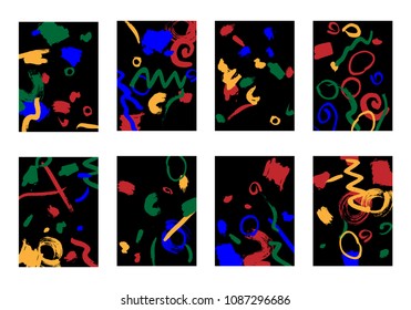 Set of 8 Cover Templates with Bright Brush Strokes on Black Background. Colorful Base For Poster, Banner, Greeting Card or Invitation. Abstract Editable Design in Retro Style of 1990s