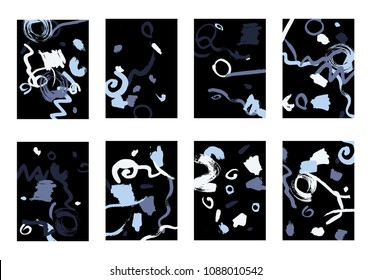 Set of 8 Cover Templates with Bright Brush Strokes on Black Background. Colorful Base For Poster, Banner, Greeting Card or Invitation. Abstract Editable Design in Retro Style of 1990s