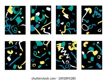 Set of 8 Cover Templates with Bright Brush Strokes on Black Background. Colorful Base For Poster, Banner, Greeting Card or Invitation. Abstract Editable Design in Retro Style of 1990s