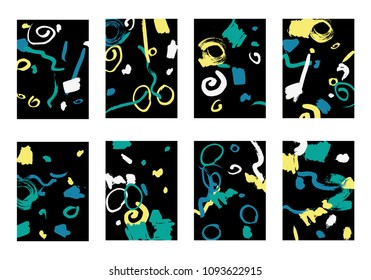 Set of 8 Cover Templates with Bright Brush Strokes on Black Background. Colorful Base For Poster, Banner, Greeting Card or Invitation. Abstract Editable Design in Retro Style of 1990s