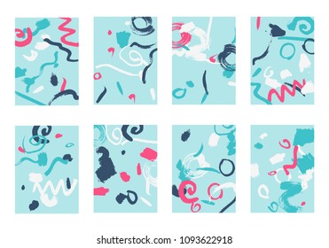 Set of 8 Cover Templates. Bright Abstract Backgrounds for Greeting Cards, Invitations, Posters, Banners. Creative Universal Cards. Hand Drawn Textures with Colorful Brush Strokes.