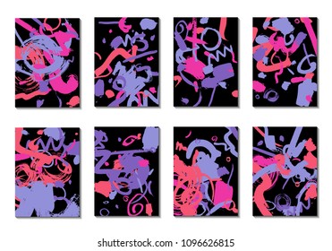 Set of 8 Cover Templates with Bright Brush Strokes on Black Background. Abstract Editable Design in Retro Style of 1990s. Colorful Base For Poster, Banner, Greeting Card or Invitation.