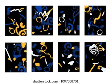 Set of 8 Cover Templates with Bright Brush Strokes on Black Background. Colorful Base For Poster, Banner, Greeting Card or Invitation. Abstract Editable Design in Retro Style of 1990s