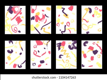 Set of 8 Cover Templates with Bright Brush Strokes on White Background. Colorful Base For Poster, Banner, Greeting Card or Invitation. Abstract Editable Design in Retro Style of 1990s