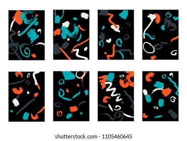 Set of 8 Cover Templates with Bright Brush Strokes on Black Background. Colorful Base For Poster, Banner, Greeting Card or Invitation. Abstract Editable Design in Retro Style of 1990s