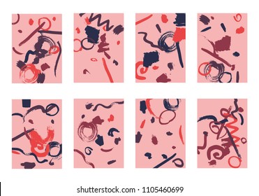 Set of 8 Cover Templates. Bright Abstract Backgrounds for Greeting Cards, Invitations, Posters, Banners. Creative Universal Cards. Hand Drawn Textures with Colorful Brush Strokes.