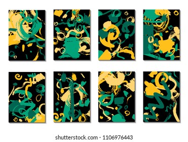 Set of 8 Cover Templates with Bright Brush Strokes on Black Background. Abstract Editable Design in Retro Style of 1990s. Colorful Base For Poster, Banner, Greeting Card or Invitation.