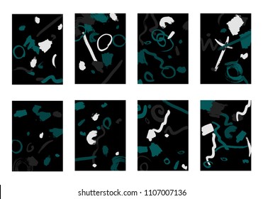 Set of 8 Cover Templates with Bright Brush Strokes on Black Background. Colorful Base For Poster, Banner, Greeting Card or Invitation. Abstract Editable Design in Retro Style of 1990s