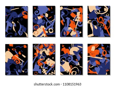 Set of 8 Cover Templates with Bright Brush Strokes on Black Background. Abstract Editable Design in Retro Style of 1990s. Colorful Base For Poster, Banner, Greeting Card or Invitation.