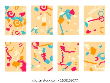 Set of 8 Cover Templates. Bright Abstract Backgrounds for Greeting Cards, Invitations, Posters, Banners. Creative Universal Cards. Hand Drawn Textures with Colorful Brush Strokes.