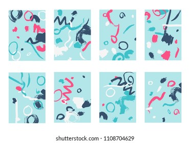 Set of 8 Cover Templates. Bright Abstract Backgrounds for Greeting Cards, Invitations, Posters, Banners. Creative Universal Cards. Hand Drawn Textures with Colorful Brush Strokes.