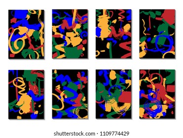 Set of 8 Cover Templates with Bright Brush Strokes on Black Background. Abstract Editable Design in Retro Style of 1990s. Colorful Base For Poster, Banner, Greeting Card or Invitation.